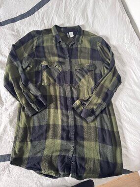 EUC H&M Green & Black Buffalo Plaid Flannel Tunic Shirt Sz 12